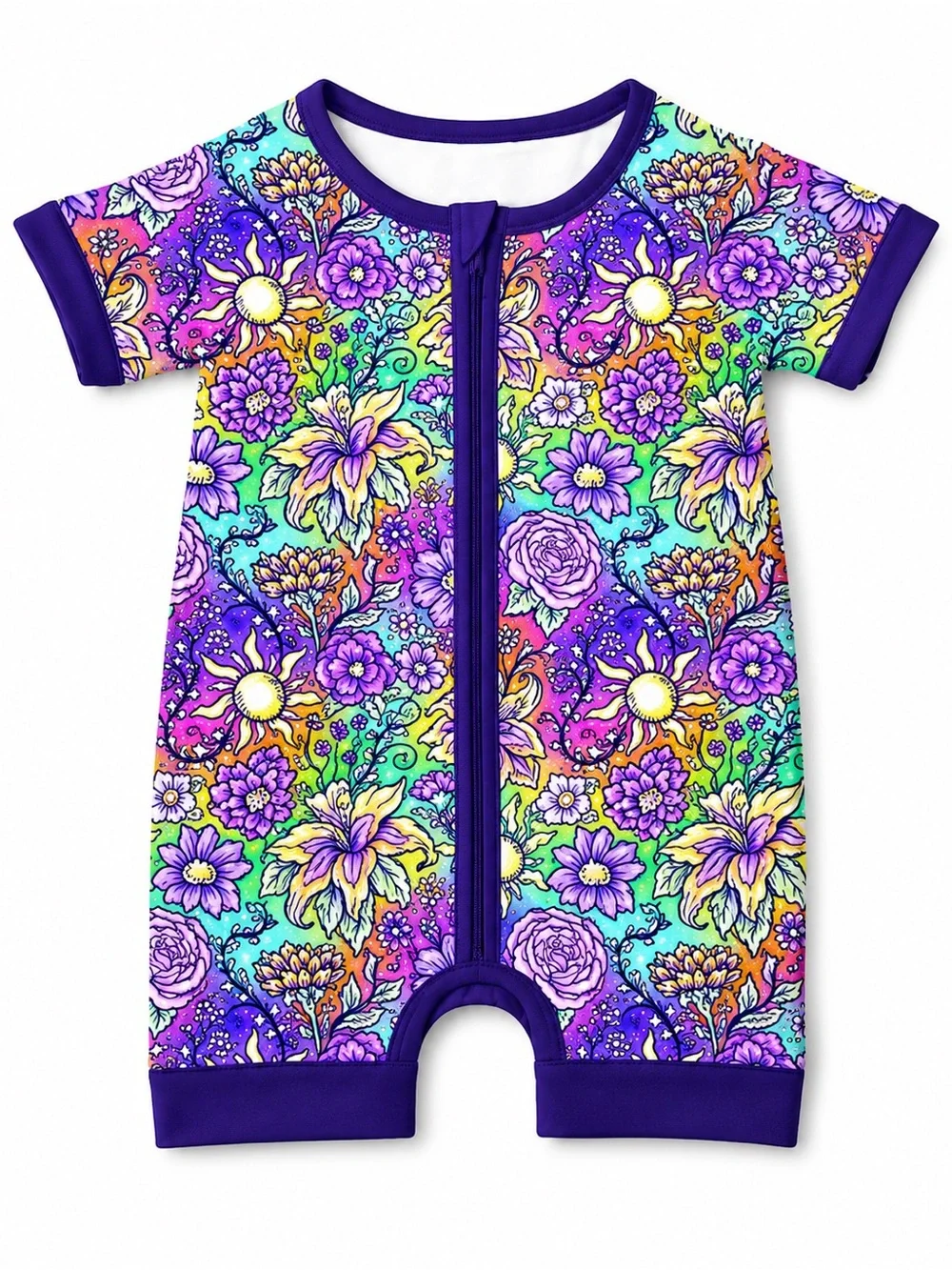 Kids Floral Zip One-Piece Bodysuit - Purple Trim